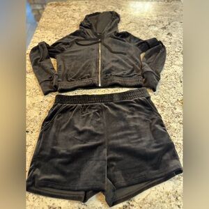 Plush Black Velour Women's Athletic Shorts and Hoodie Set